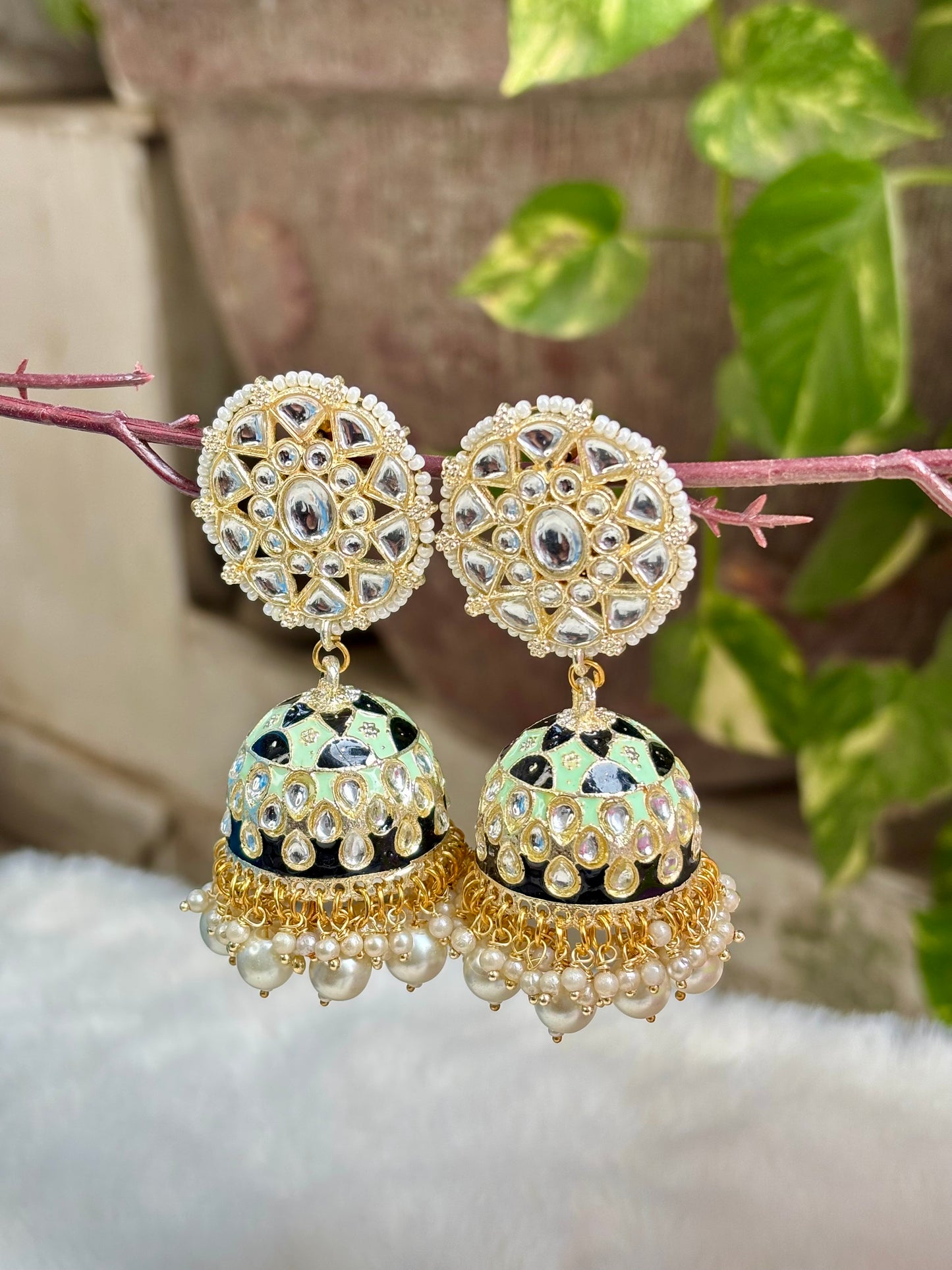 Mint black Maharani Kundan Jhumka