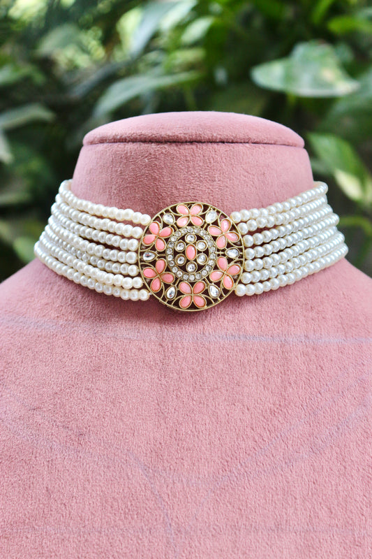 Peach Pink Aarohi Antique Jewellery Set