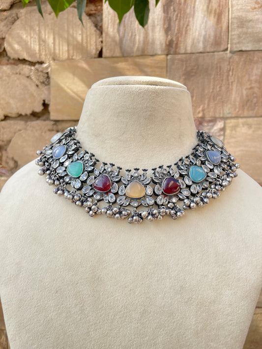 Multicolour Navratan German Silver Jewellery Set