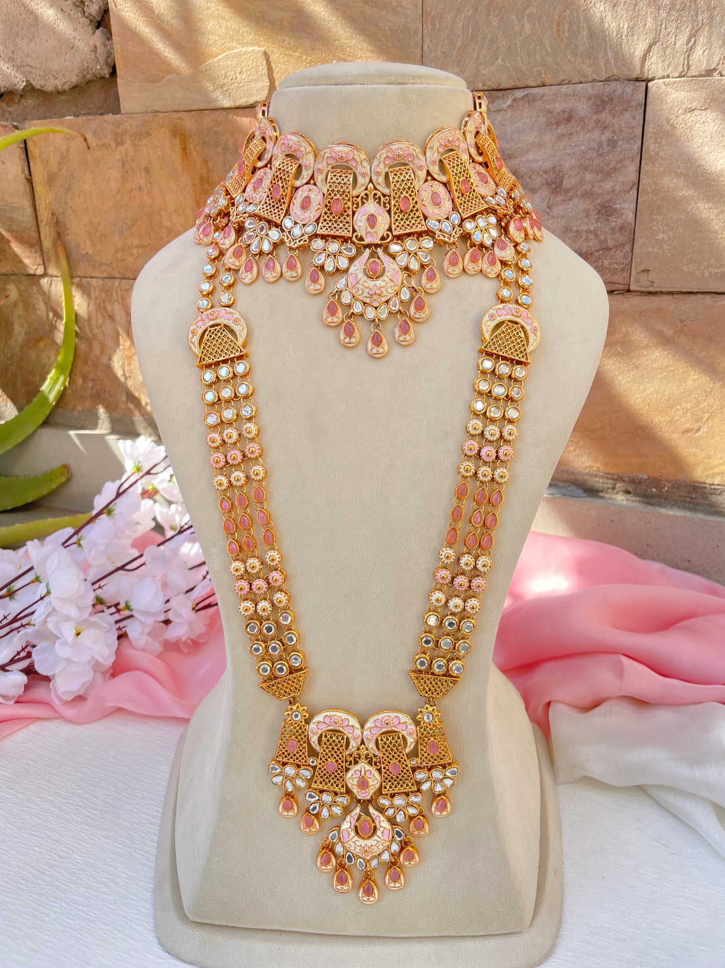 Peach Pink Meena Bridal Jewellery Set