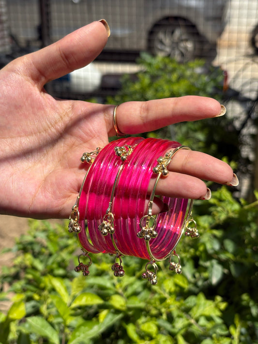 Hot Pink Jelly Bangles set with Kashmiri Ghungroo Bangles