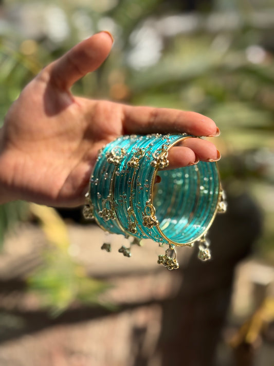 Aqua 12 Bangles set with Kashmiri Ghungroo Bangles