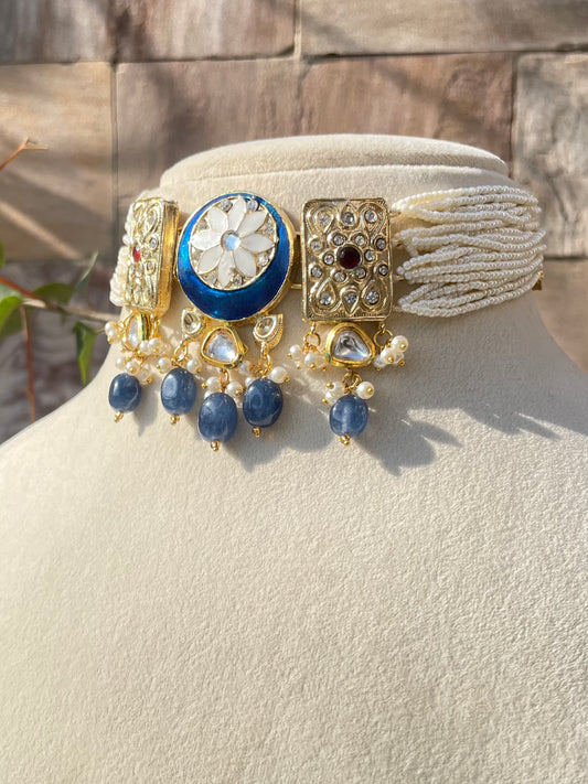 Blue Quartz Beads Polki Choker Jewellery Set