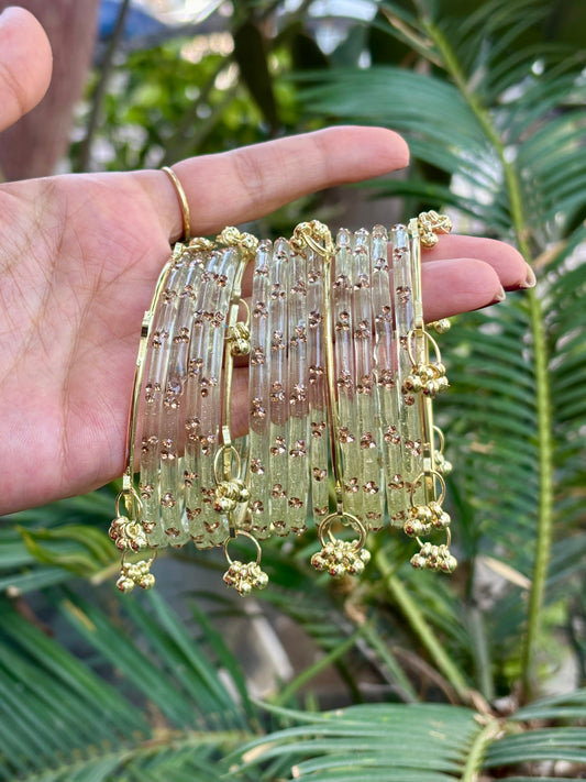 Golden Transparent 12 Bangles set with Kashmiri Ghungroo Bangles