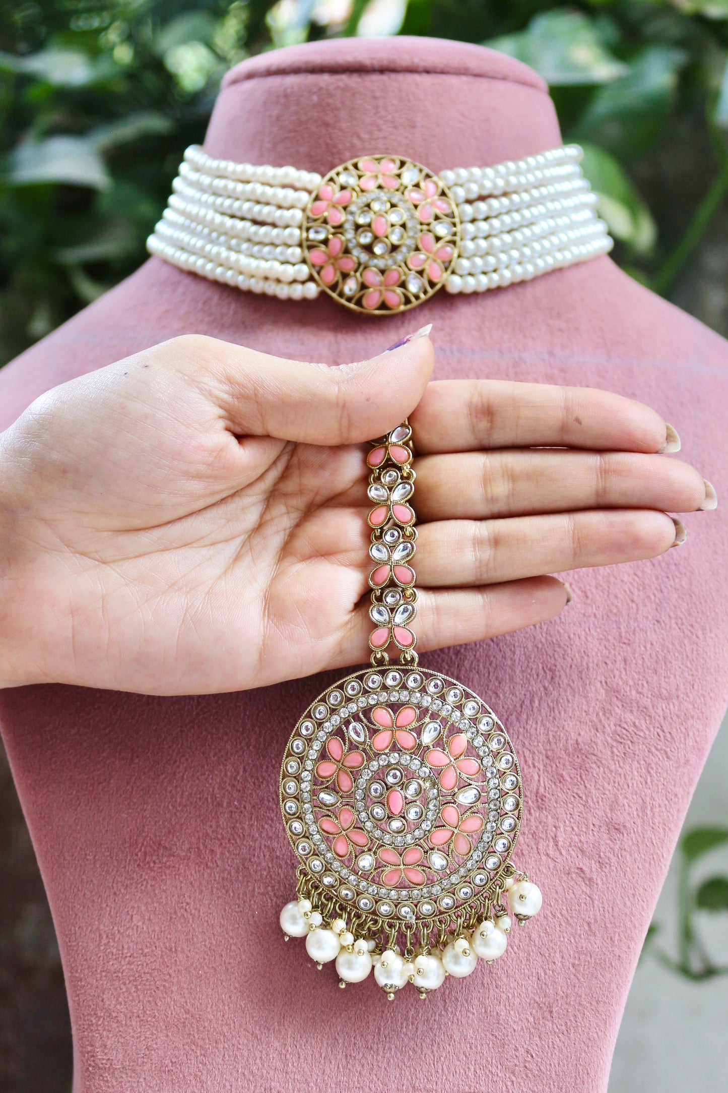 Peach Pink Aarohi Antique Jewellery Set