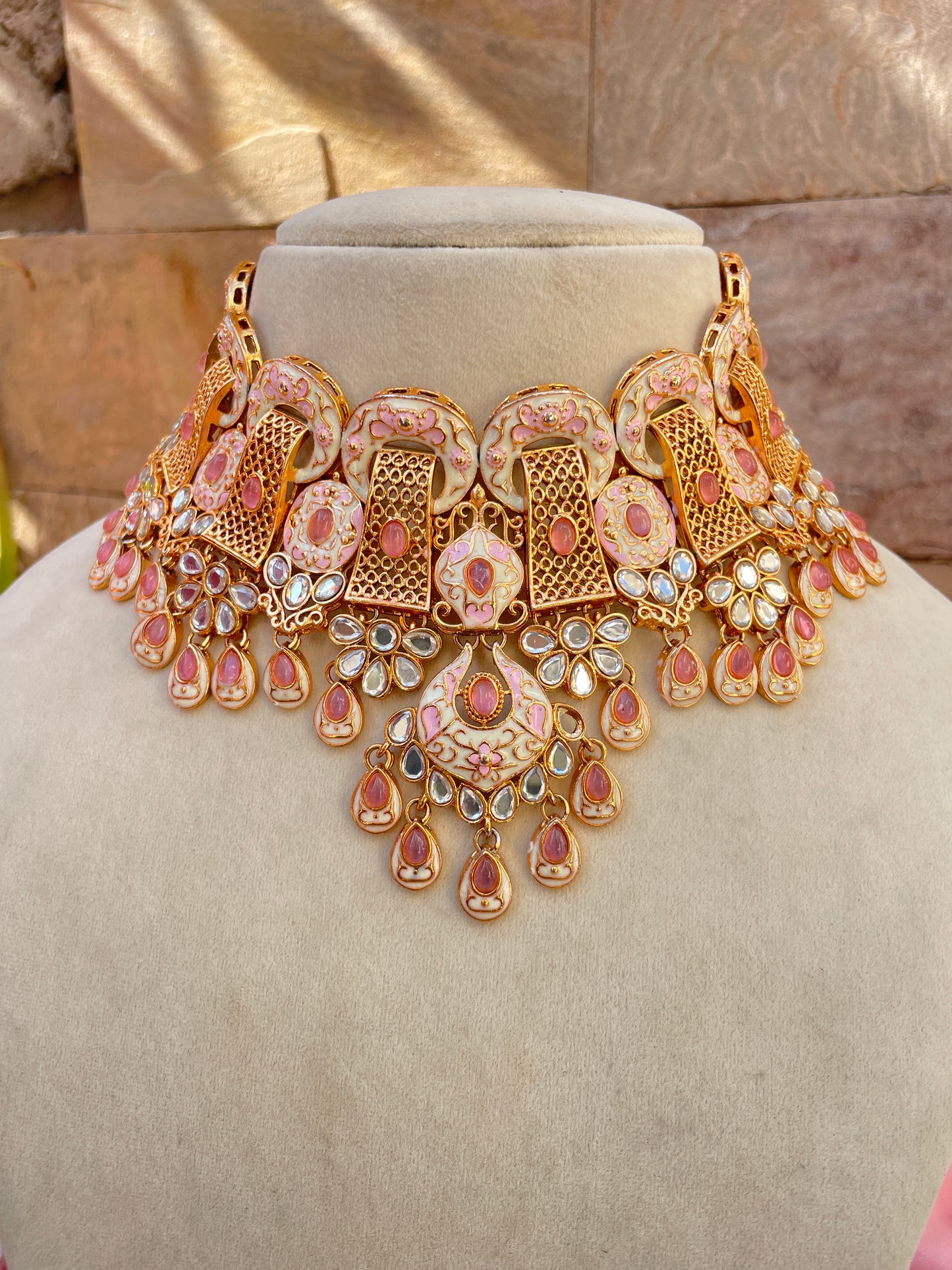 Peach Pink Meena Bridal Jewellery Set