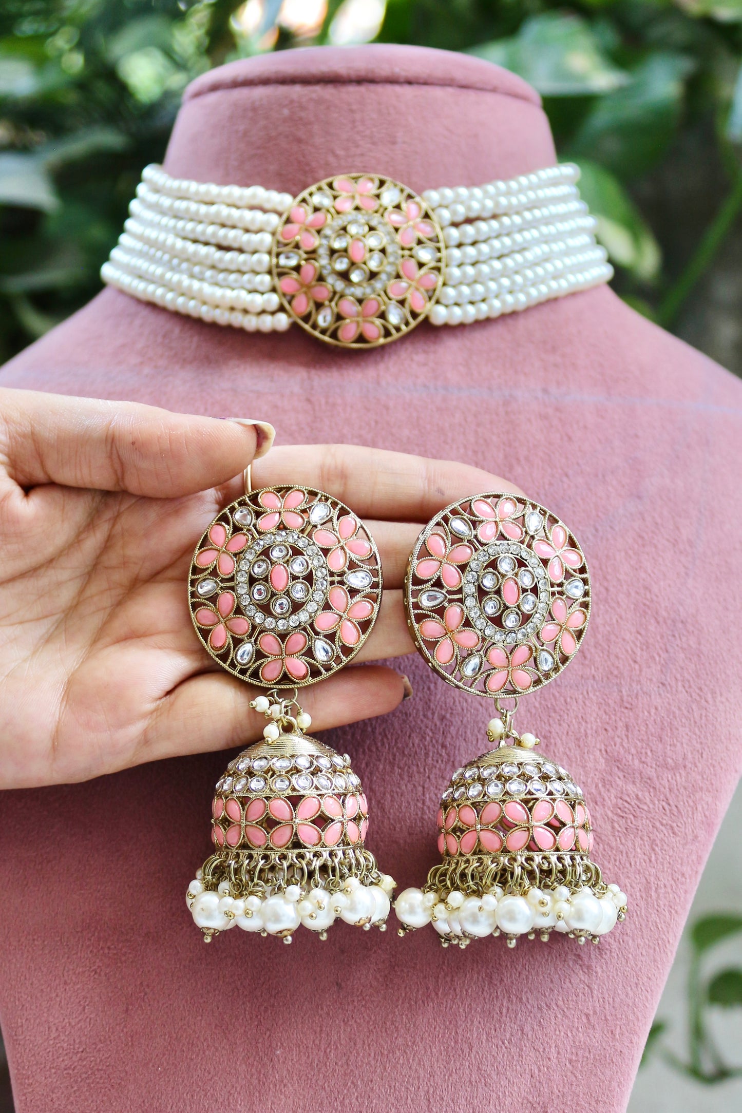 Peach Pink Aarohi Antique Jewellery Set