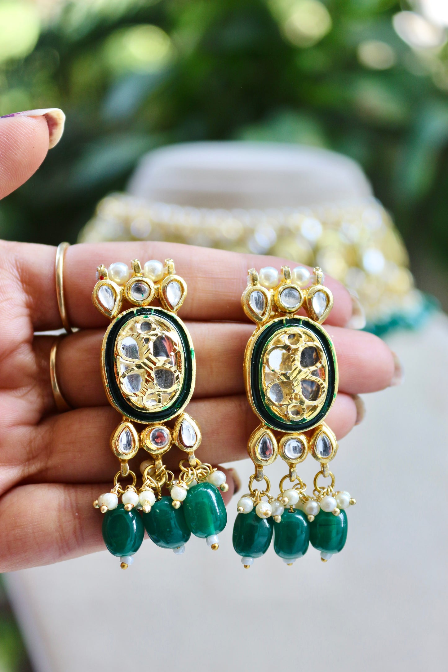 Green Diya Kundan Jewellery Set