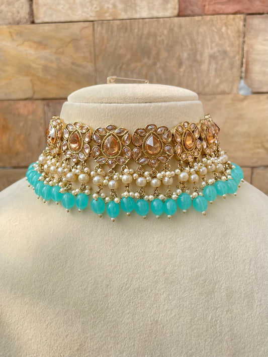 Turquoise Vedi Reverse AD Kundan Jewellery Set