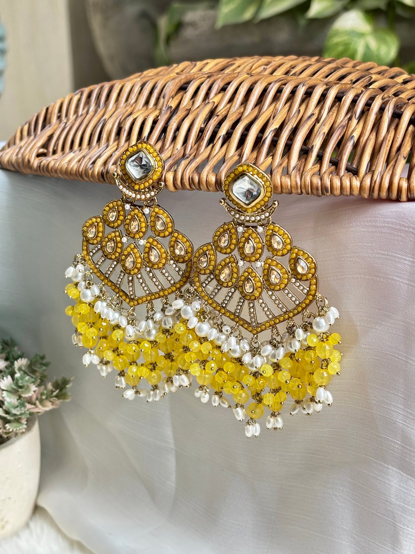 Yellow Palaq Kundan Danglers