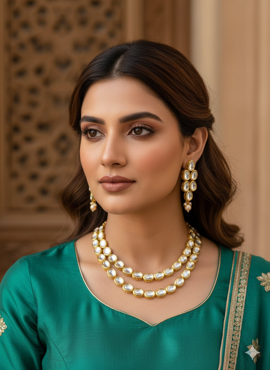 Kundan Double Line Jewellery Set