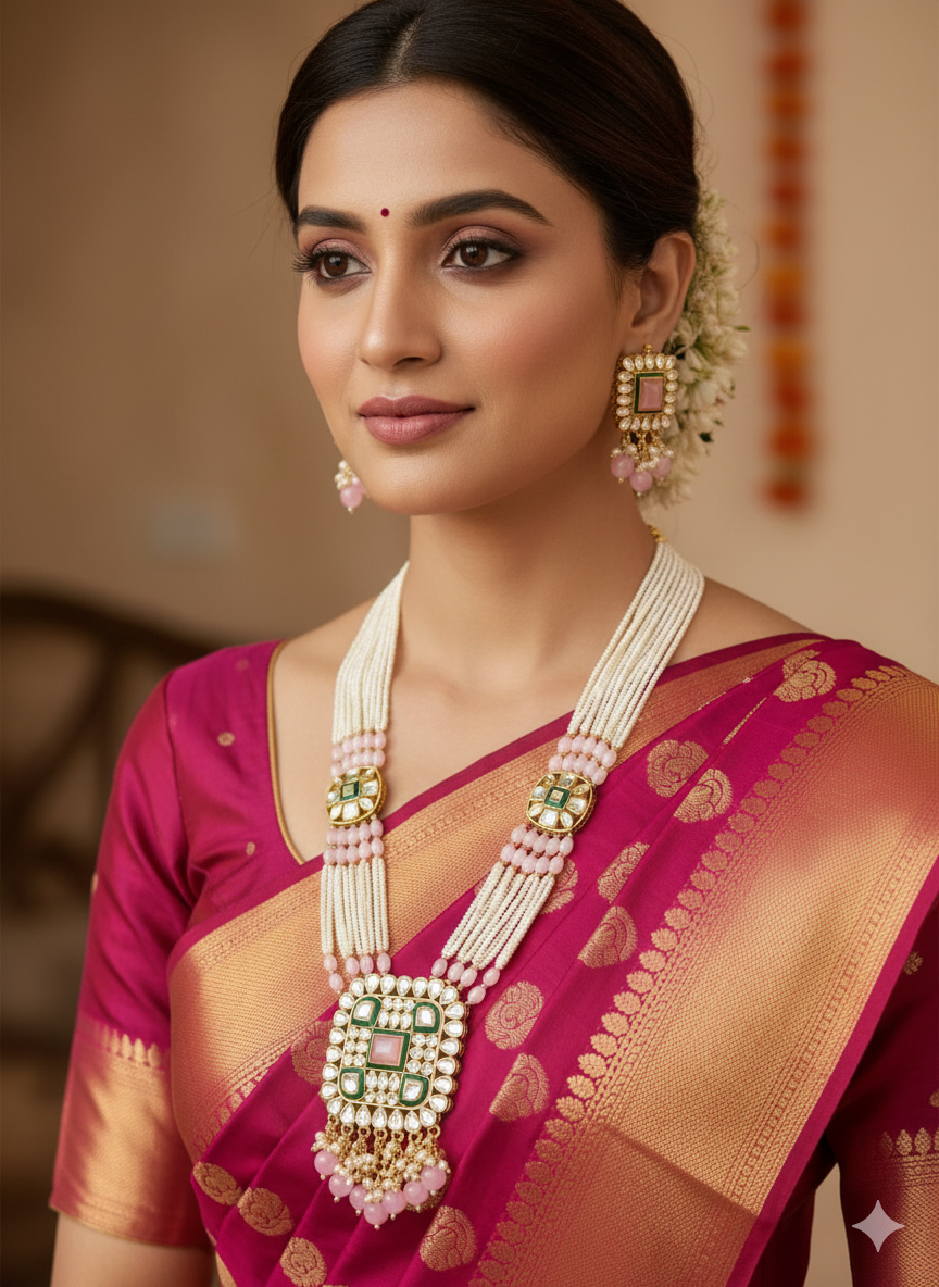 Pink Prashi Kundan Long Jewellery Set