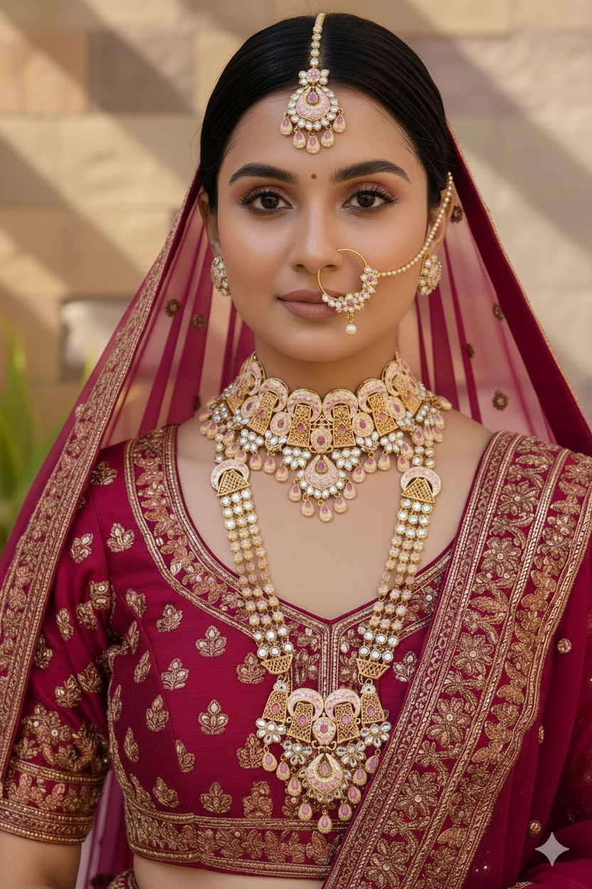 Peach Pink Meena Bridal Jewellery Set