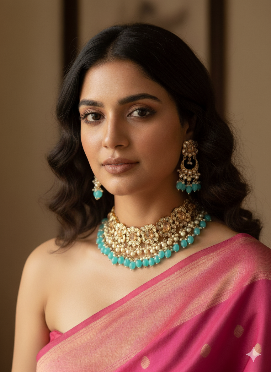 Turquoise Vedi Reverse AD Kundan Jewellery Set