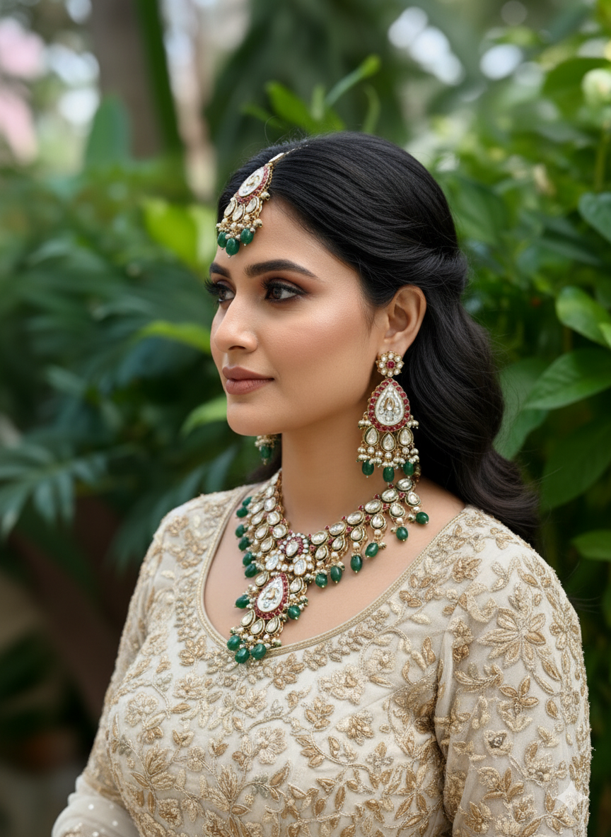 Green Reshu Kundan Jewellery Set