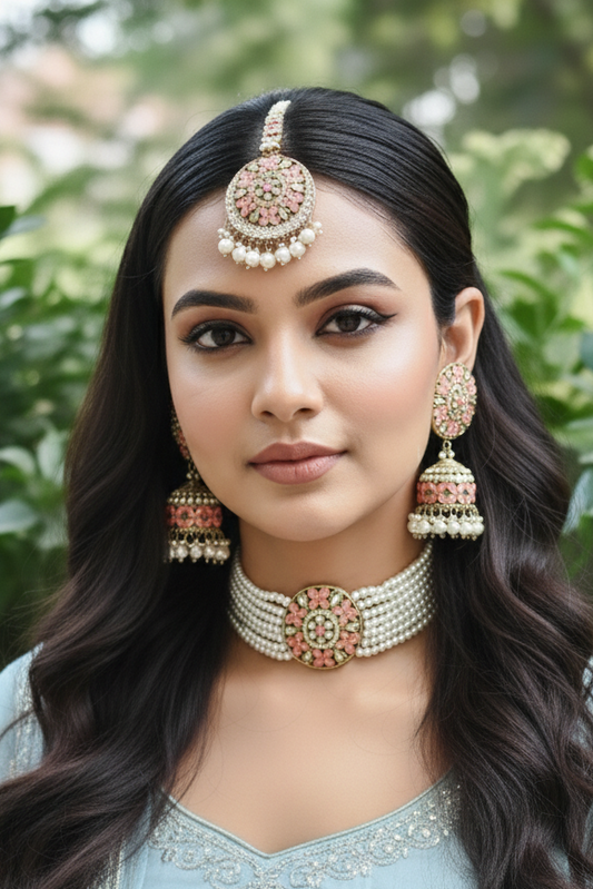 Woman wearing traditional jewelry and a light blue outfit with a green leafy background