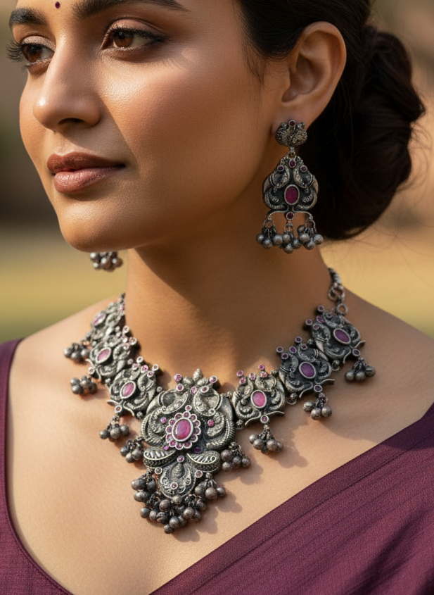 Woman wearing traditional jewelry with a blurred natural background