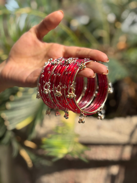 Red 12 Bangles set with Kashmiri Ghungroo Bangles