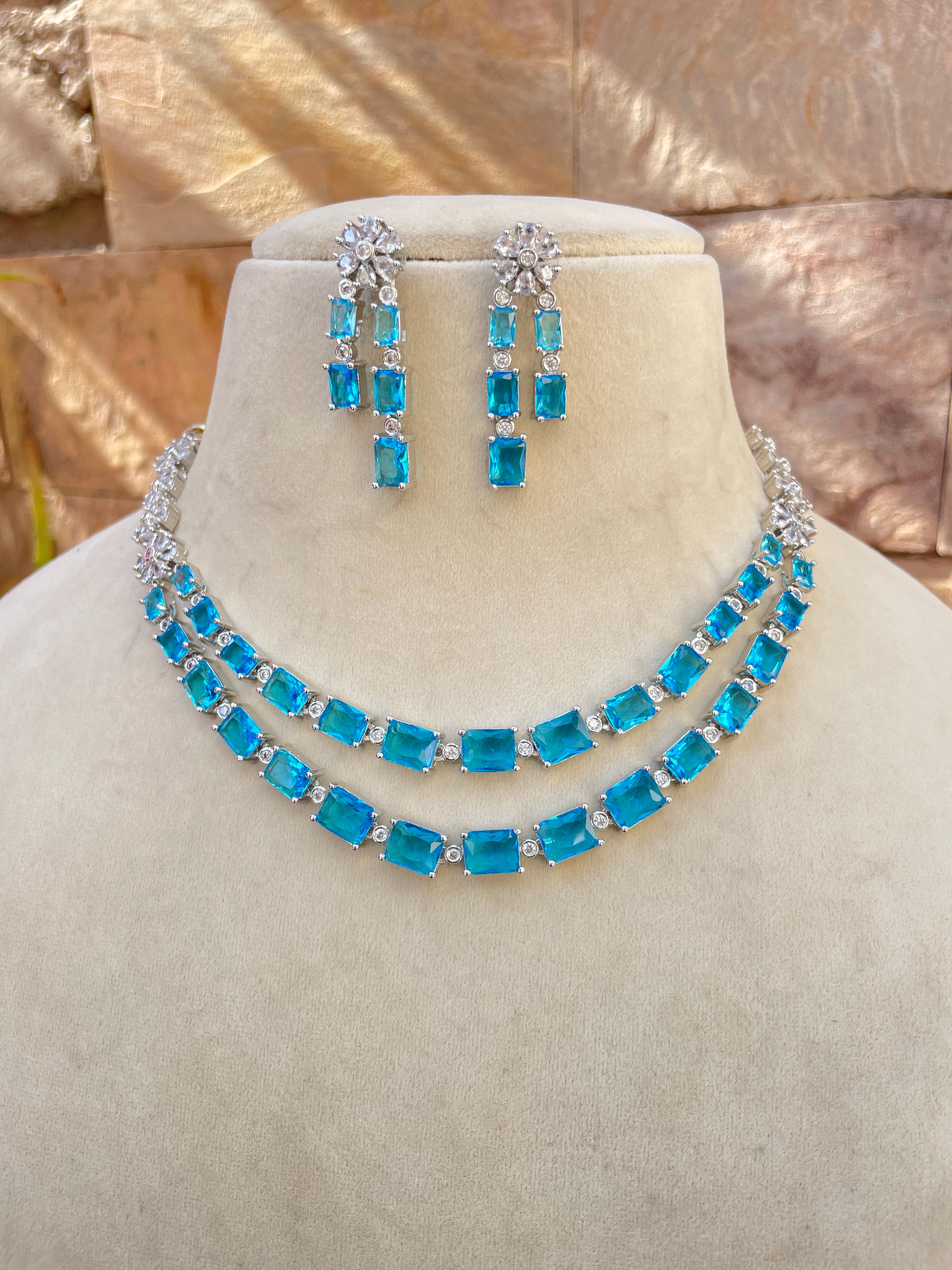 Sky blue Ruchi Zirconia Jewellery Set Kundan Store