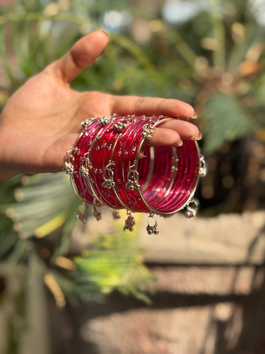 Hot Pink 12 Bangles set with Kashmiri Ghungroo Bangles