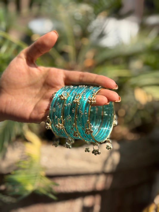 Aqua 12 Bangles set with Kashmiri Ghungroo Bangles