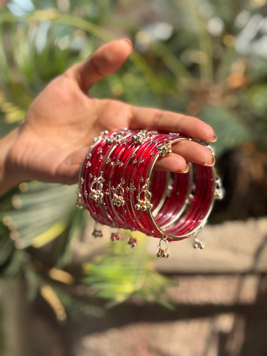 Red 12 Bangles set with Kashmiri Ghungroo Bangles