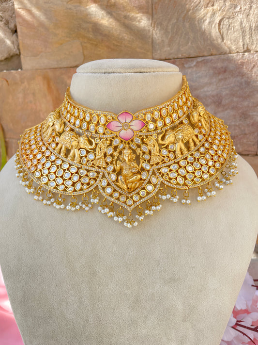 Golden Ganpati Temple Polki Jewellery Set