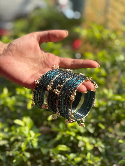 Peacock 12 Bangles set with Kashmiri Ghungroo Bangles