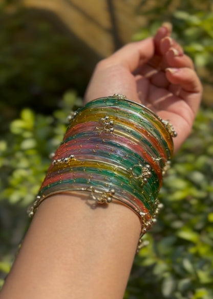 Light Multi 12 Bangles set with Kashmiri Ghungroo Bangles