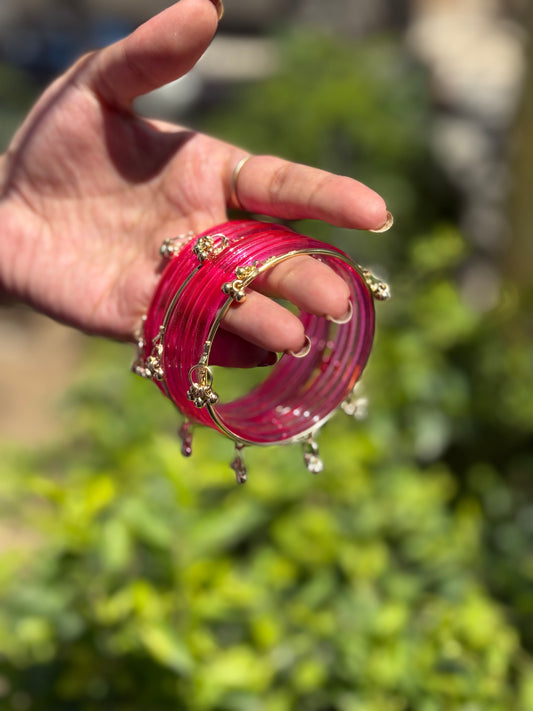 Hot Pink Jelly Bangles set with Kashmiri Ghungroo Bangles