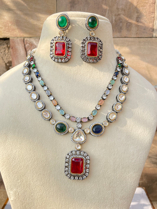Multicolour Antique Ritu Polki Zirconia Fusion Jewellery Set