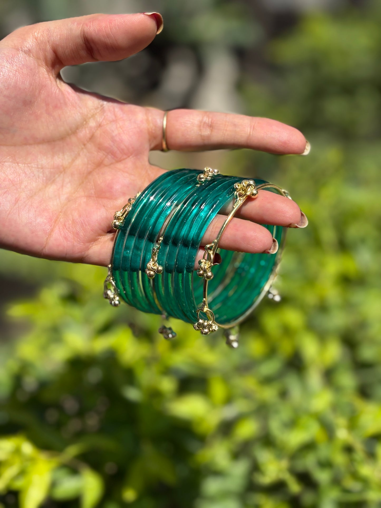 Teal Jelly Bangles set with Kashmiri Ghungroo Bangles