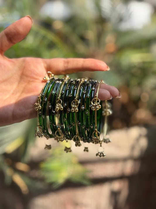 Green 12 Bangles set with Kashmiri Ghungroo Bangles