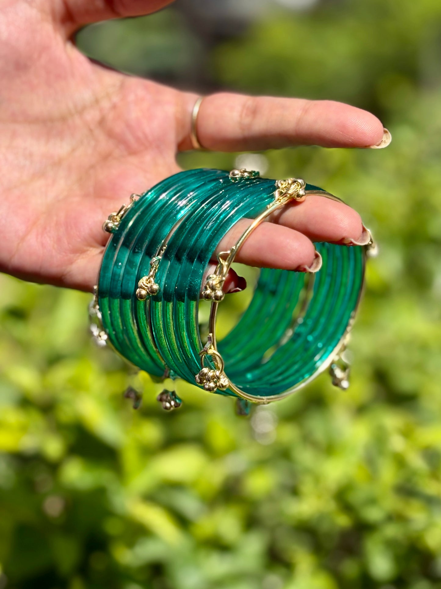 Teal Jelly Bangles set with Kashmiri Ghungroo Bangles