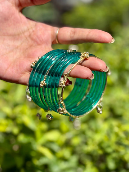 Teal Jelly Bangles set with Kashmiri Ghungroo Bangles