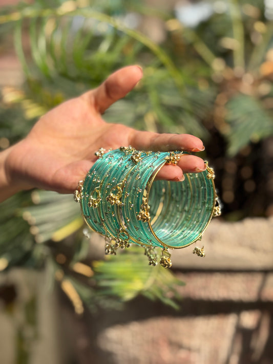 Turquoise 12 Bangles set with Kashmiri Ghungroo Bangles