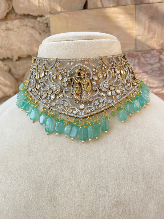 Turquoise Antique Radha Krishna Jewellery Set