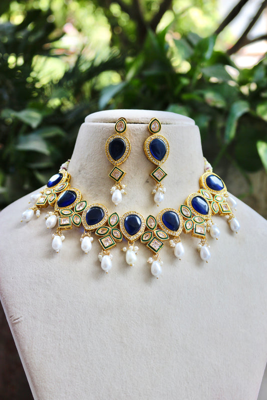 Blue Aachal Kundan Jewellery Set