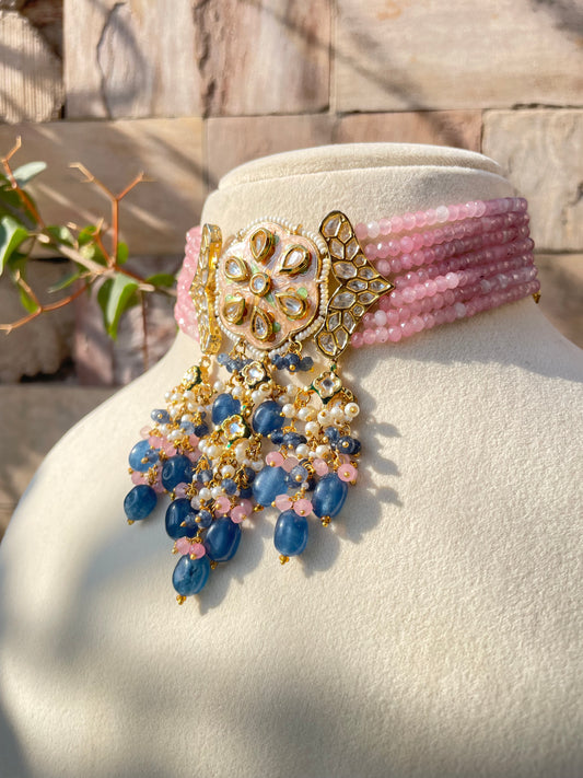 Lavender Purple Quartz Beads Polki choker Jewellery Set