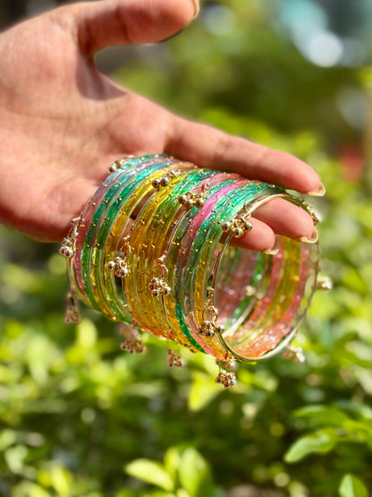 Light Multi 12 Bangles set with Kashmiri Ghungroo Bangles