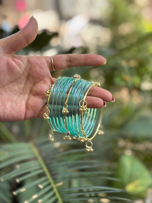 Turquoise Jelly Bangles set with Kashmiri Ghungroo Bangles