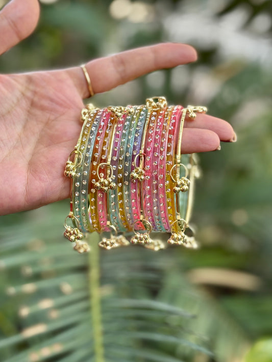 Light Multi 12 Bangles set with Kashmiri Ghungroo Bangles