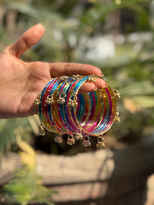 Multicolour 12 Bangles set with Kashmiri Ghungroo Bangles