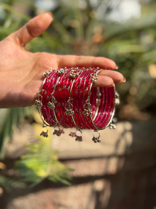 Hot Pink 12 Bangles set with Kashmiri Ghungroo Bangles