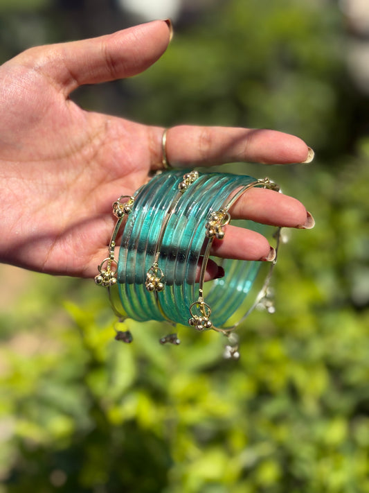Turquoise Jelly Bangles set with Kashmiri Ghungroo Bangles