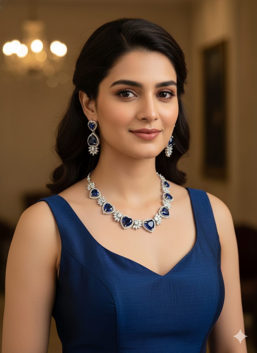Woman wearing a blue dress and jewelry with a blurred background
