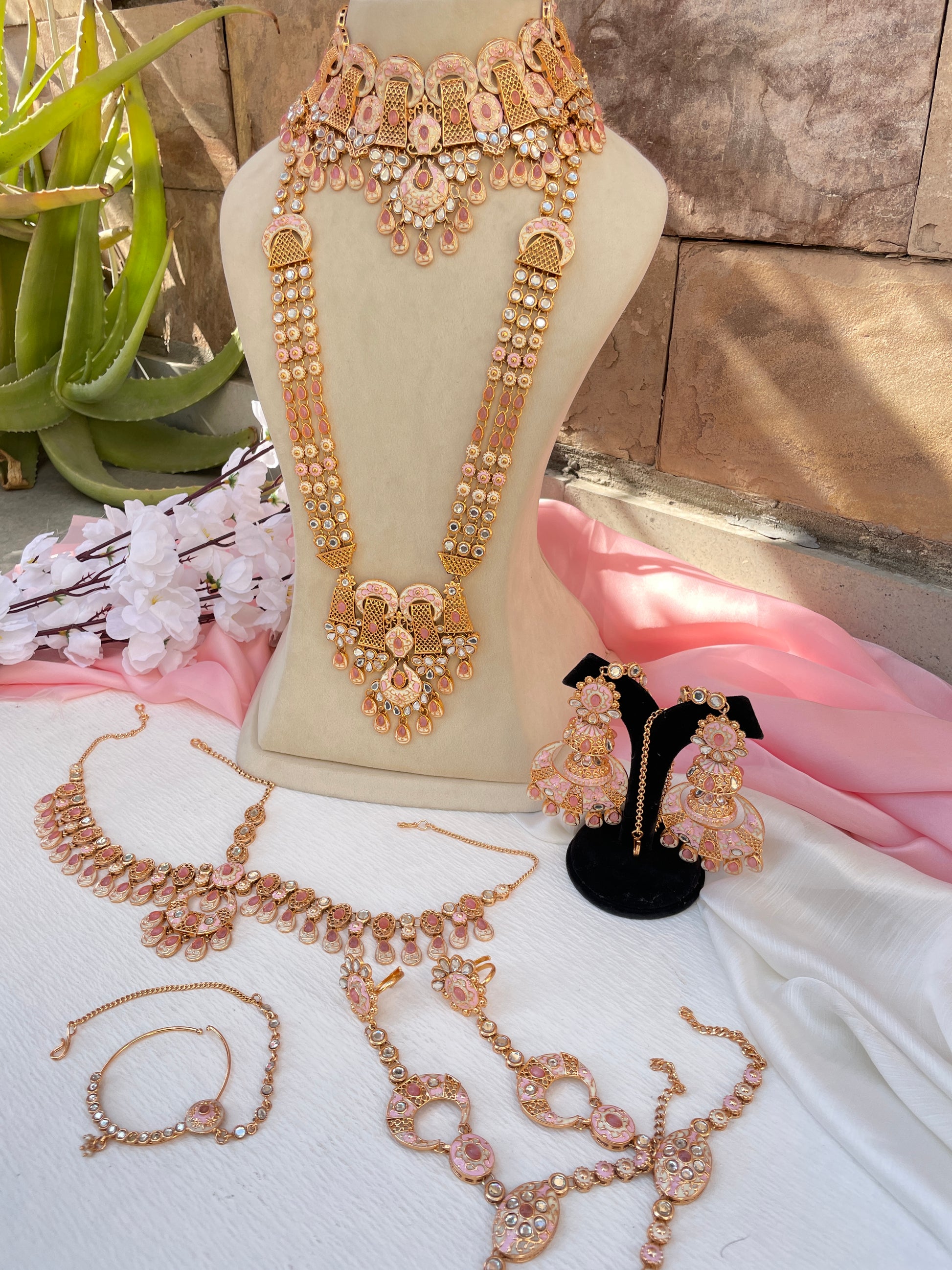 Peach Pink Meena Bridal Jewellery Set - Main Image