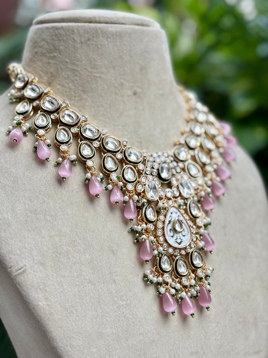 Pink Reshu Kundan Jewellery Set