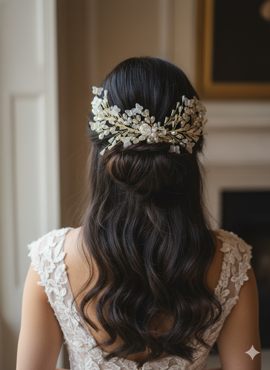 Woman with long dark hair wearing a decorative headpiece indoors.