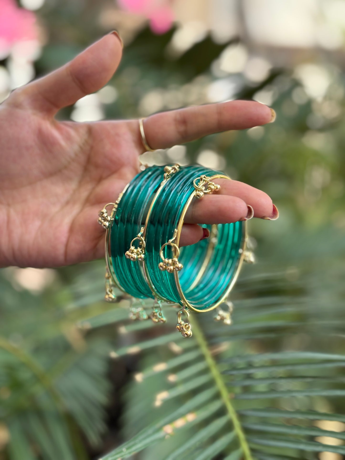 Teal Jelly Bangles set with Kashmiri Ghungroo Bangles
